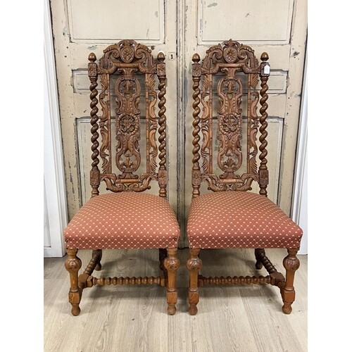 Pair of antique carved oak high back dining chairs (2)