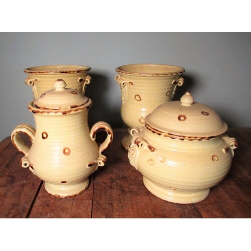 Pair of naïve pottery urn shaped vases and two similar lidde...