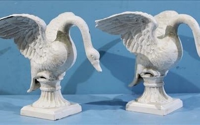 Pair of white painted cast iron post tops in form of geese