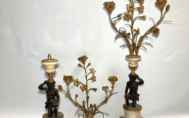 Paire de CANDELABRES en marbre et bronze doré et patiné représentant chacun un atlante agenouillé...