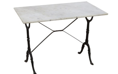 Parisian Style Marble and Black Cast Iron Bistro Table, 20th c., H.- 28 in., W.- 39 3/4 in., D.- 24