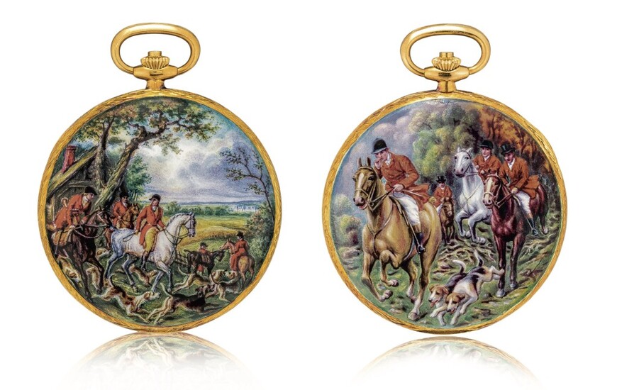 Patek Philippe | Reference 823/003, A unique, highly important and exceptional yellow gold hunting case watch with double sided enamel miniature, painted by Madame Marthe Bischoff after a painting by Carle Vernet, retailed by Gübelin and accompanied...