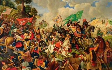 Peintre inconnu Bataille des Magyars contre les Turcs Hongrie 19e/20e siècle Huile sur panneau 60,5...