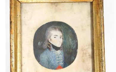 Peinture à la loupe antique Officier avec tresse, uniforme bleu, portrait en buste sur ovale...