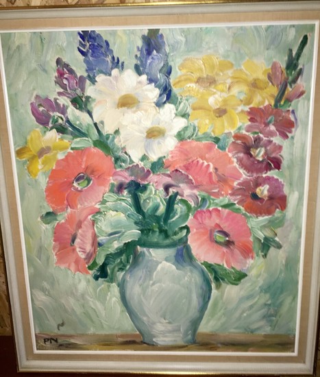 Peter Nicolaisen: Still life with flowers. Signed PN. Oil on canvas. 80×65 cm.