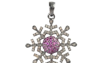 Pink Sapphire, Diamond, Silver Snowflake Pendant.