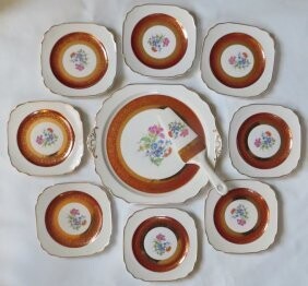 Porcelain Set of 10 Pieces, 8 Small Plates, 1 Cake Platter, 1 Pie Server 1950s