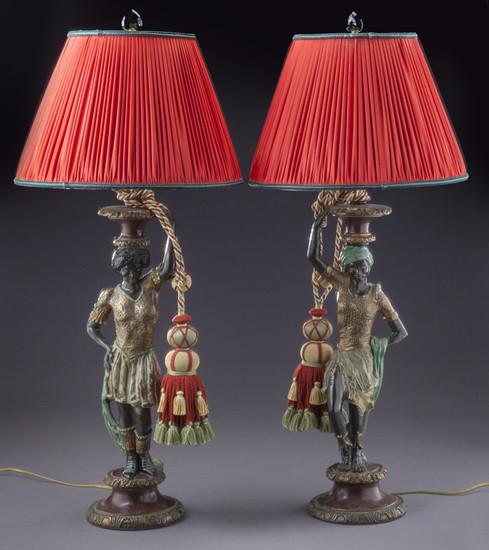 Pr. Kupur patinated & polychrome carved lamps