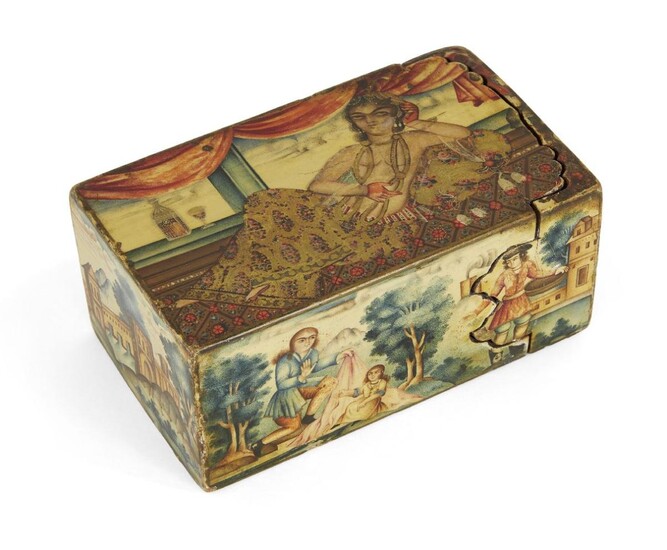 Property from an Important Private Collection A finely painted Qajar lacquered papier mache cosmetics box, Iran, late 18th century, the rectangular box with one end sliding open to reveal a tray with three small lidded compartments, the other end...