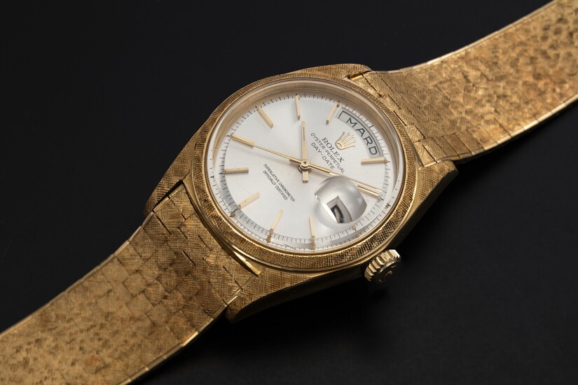 ROLEX, A RARE GOLD OYSTER PERPETUAL DAY-DATE WITH “FLORENTINE-FINISH” CASE AND BRACELET, REF. 1806