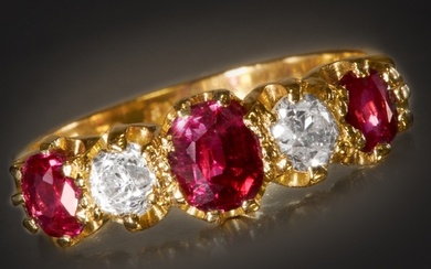 RUBY AND DIAMOND 5-STONE RING, 18 ct. gold. Vibrant rubies, ...