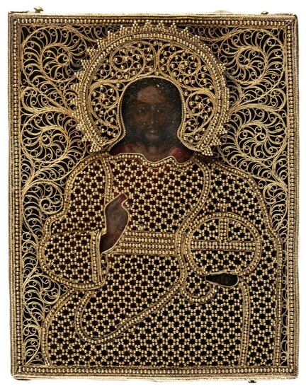 RUSSIAN ICON WITH FILIGREE GILDED SILVER OKLAD SHOWING CHRIST PANTOKRATOR
