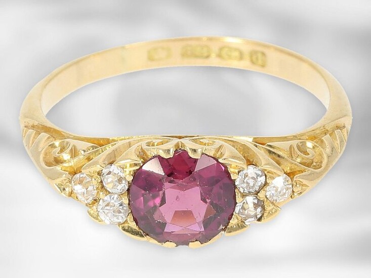 Ring: very decorative antique ruby ring with old-cut diamonds, total ca. 1ct, 18K gold, Hallmarks Birmingham 1903