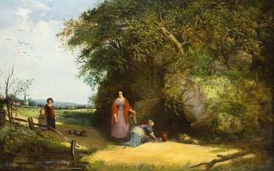 Robert Cooper, British fl.1850-1874- Landscape with figures collecting water from a spring; oil on canvas, signed and dated 'R. Cooper / 1850' (lower right), 61 x 91.5 cm. Provenance: Private Collection, UK.