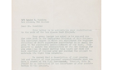 Robert Oppenheimer Typed Letter Signed to a Manhattan Project Employee in the 'Explosives Division' -...