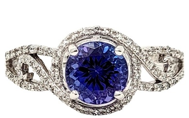 Round Mixed Cut Tanzanite and Diamond Halo Solitaire Band Ring in 18 Karat Gold