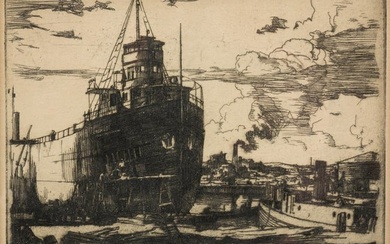 "SHIPYARD" ETCHING BY FRANK NELSON WILCOX (1887-1964).