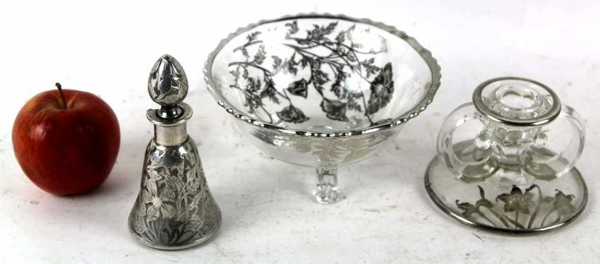 STERLING SILVER OVERLAY ANTIQUE GLASS GROUPING