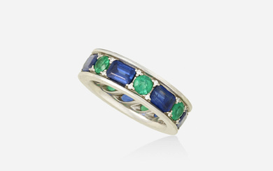 Sapphire, emerald, and diamond band ring