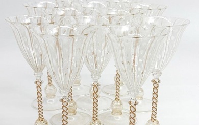 Set of 12 Venetian Murano Stemware Glasses w/ Gold Twist Stem