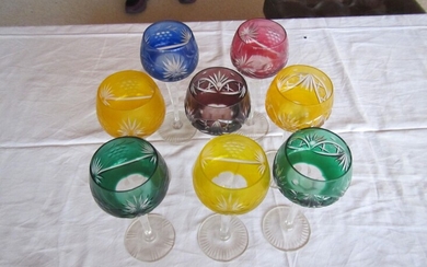 SOLD. Set of eight Bohemian cut glass wine glasses with coloured cups. 20th century. H....