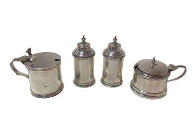 Silver mustard pot, together with another and two silver pepperettes