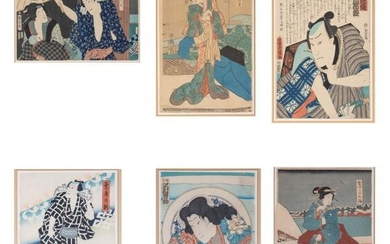 Six Japanese Ukiyo-e Prints Depicting Famous Actors and Courtesans, after Utagawa Kunisada (1786-1865) and Toyohara Kunichika (1