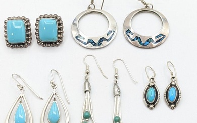 Six Pairs Of Sterling Silver Turquoise Earrings