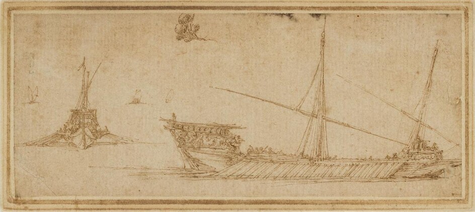 Stefano della Bella, Italian 1610-1664- Studies of War Galleys; pen and brown ink on laid paper, 5.6 x 14.4 cm. Provenance: Anon. sale, Sotheby's, London, 15 June 1983, lot 2.; The estate of the late designer Anthony Powell. Exhibited: Boston, Fogg...