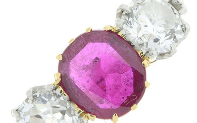 Synthetic ruby & old-cut diamond three-stone ring