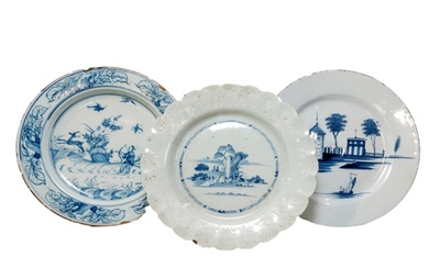 THREE ENGLISH DELFT DISHES, 18TH CENTURY, the lot includes a...