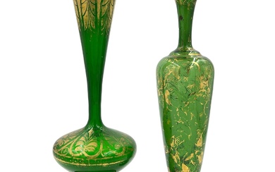 TWO GREEN BOHEMIAN GLASS VASES WITH GOLD GILDING A...