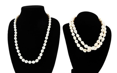 TWO PEARL NECKLACE STRANDS WITH DIAMONDS CLASPS