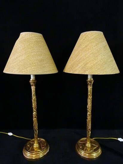 TWO WOOD GILT LAMPS 28.5"H (BASE TO FINIAL)