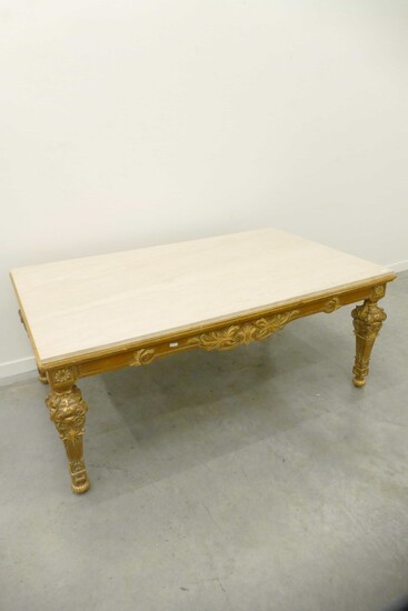Table basse italienne en bois sculpté et doré, dessus pierre de Bourgogne (ht 53 x...