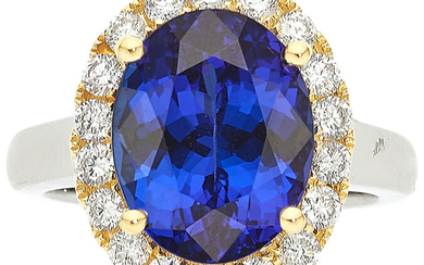 Tanzanite, Diamond, Gold Ring Stones: Oval-shaped tanzanite weighing 8.28...