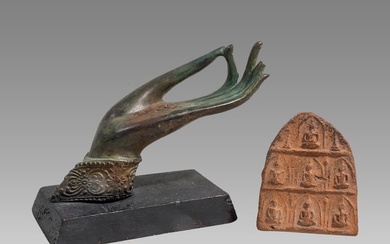 Thai Ayutthaya Bronze Buddha Hand & Votive Pottery Shrine Tablet (ca. 14th-17th c. CE).