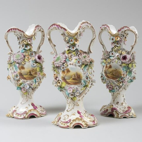 Three Piece English Flower Encrusted Porcelain