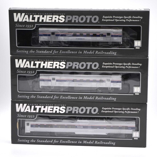 Three Walthers Proto HO gauge model railway Amtrak coaches