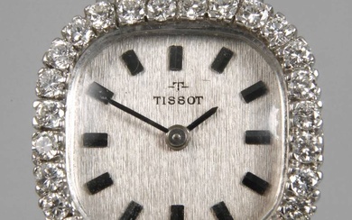 Tissot, montre-bracelet dame sertie de brillants vers 1980, or blanc estampillé 585, boîtier carré de...