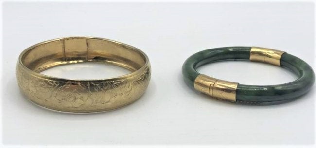 Two [2] Bangle Bracelets Green Jade, Incised Gold Plate