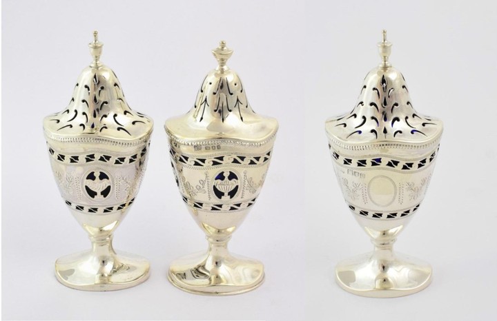 Two George V Three-Piece Condiment-Sets, the first by Philip Hanson...