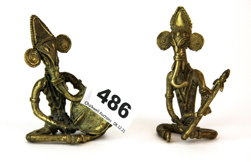Two interesting bronze figures of elephants playing instruments, probably Indian, H. 7.5cm.