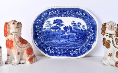 Two staffordshire flat back dogs together with a Copeland Spode meat platter 43 x 33 cm (3)