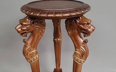 Unusual 3 lion head mahogany plant stand circa 1900 - hgt 26.5" dia. 16". Good refinished condition.