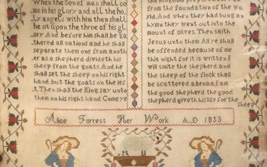 VICTORIAN NEEDLEWORK SAMPLER WITH BIBLE VERSE, ALICE FORREST, 1853