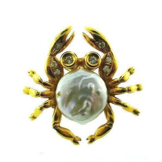 VINTAGE 14k Yellow Gold, Pearl & Diamond Cancer Crab