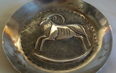 VINTAGE 830 SILVER DISH BY X&T DEPICTING RAM GOAT -- 44 grams