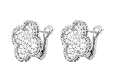 Van Cleef & Arpels Magic Alhambra Earrings, Rhodium Plated 18K White Gold, Round Diamonds;