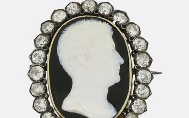 Victorian Antonio Verge Hardstone Cameo and Diamond Brooch